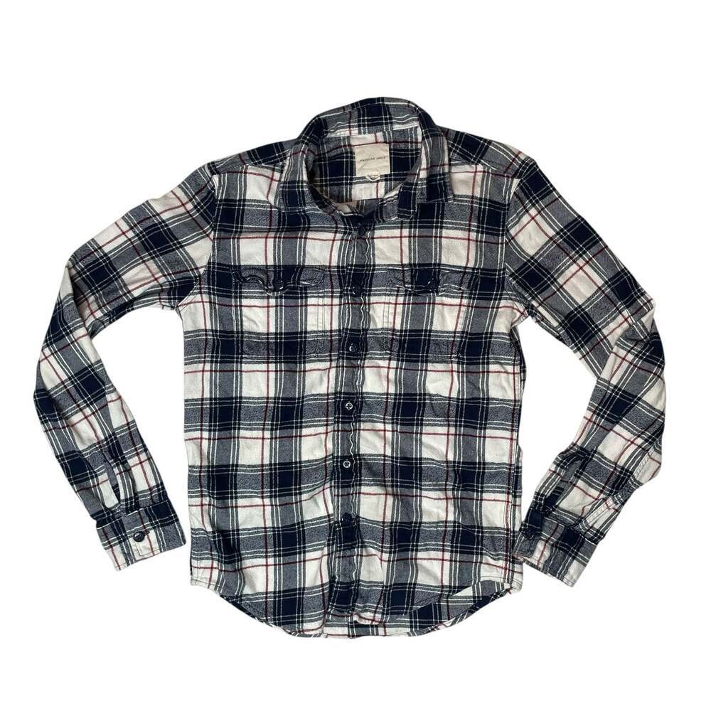 American Eagle Men's XS Plaid Long Sleeve Button Up Flannel Shirt Navy White Red